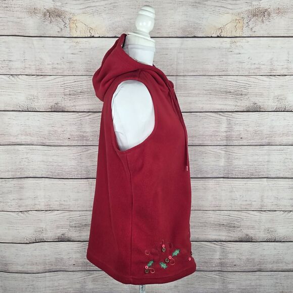 Christopher & Banks Vintage Christmas Hooded Fleece Vest Embroidered Medium - Picture 5 of 8